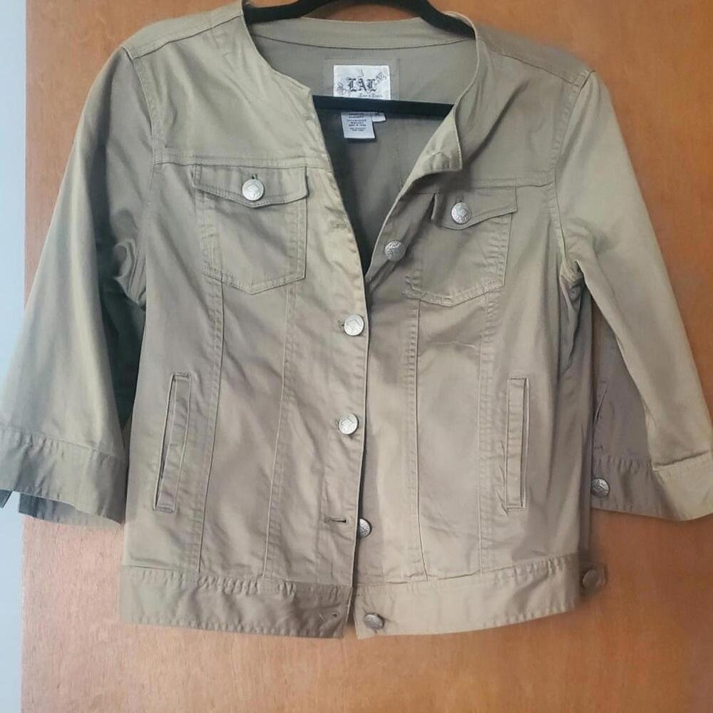 LAL Brand Khaki Green Jacket Silver Buttons Lightweight Stretch Material, Size M